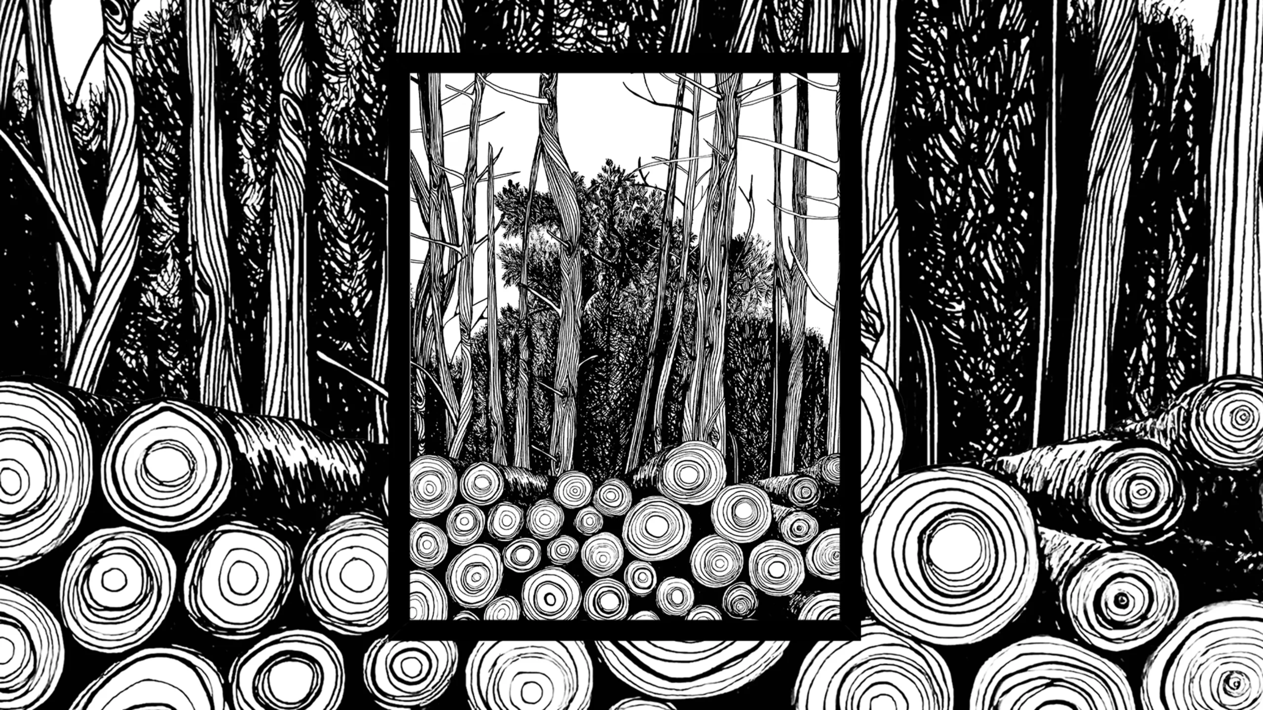 Black and white illustration of trees and log piles drawn by Let Me Doodle That For You