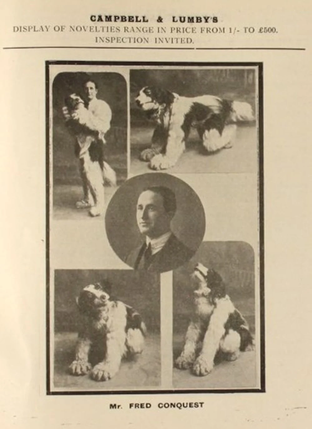 Animal actor Fred Conquest in Dog Costume, Pantomime Programme 1911/12.