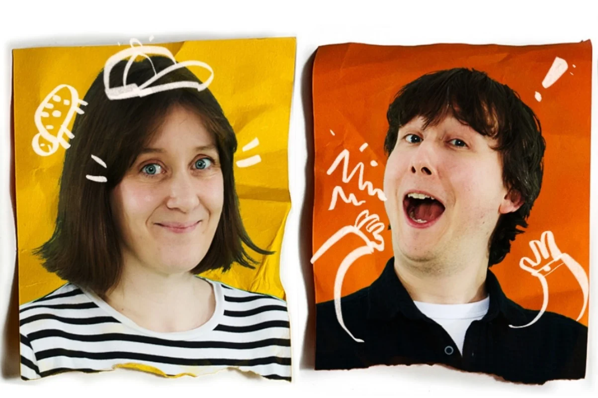 A woman and a man smiling with a yellow and orange background