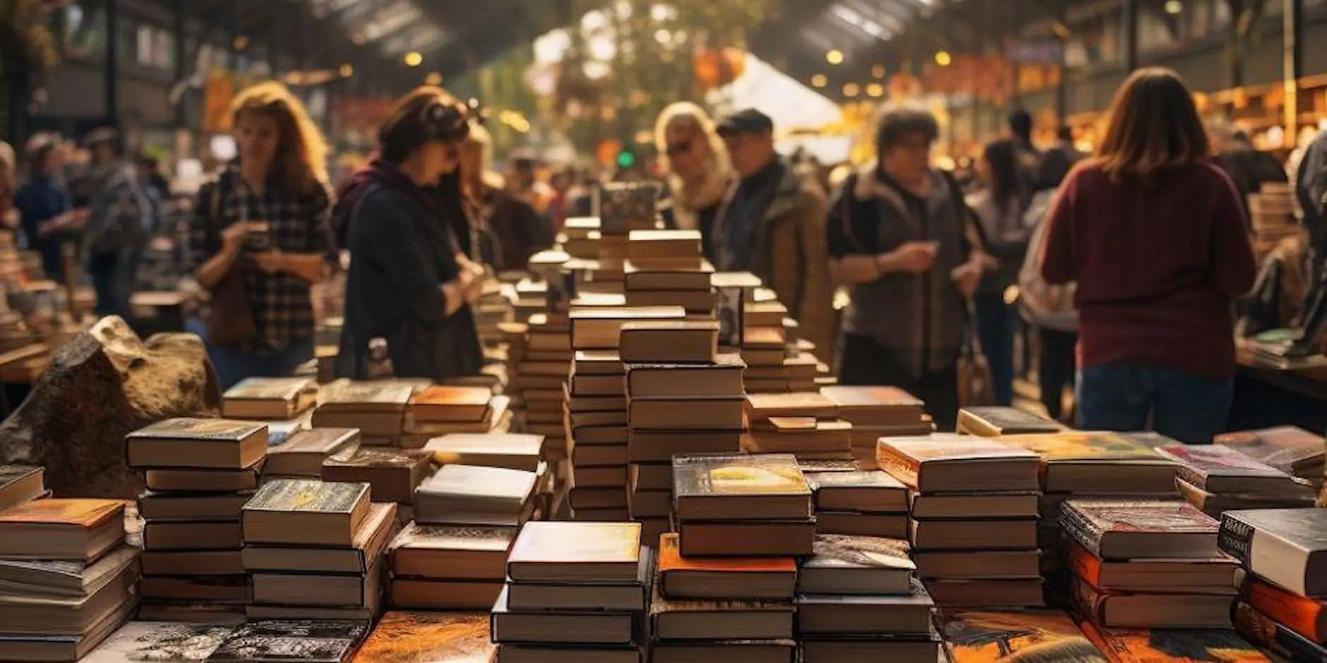 a long table stacked with books, with people browsing in the background